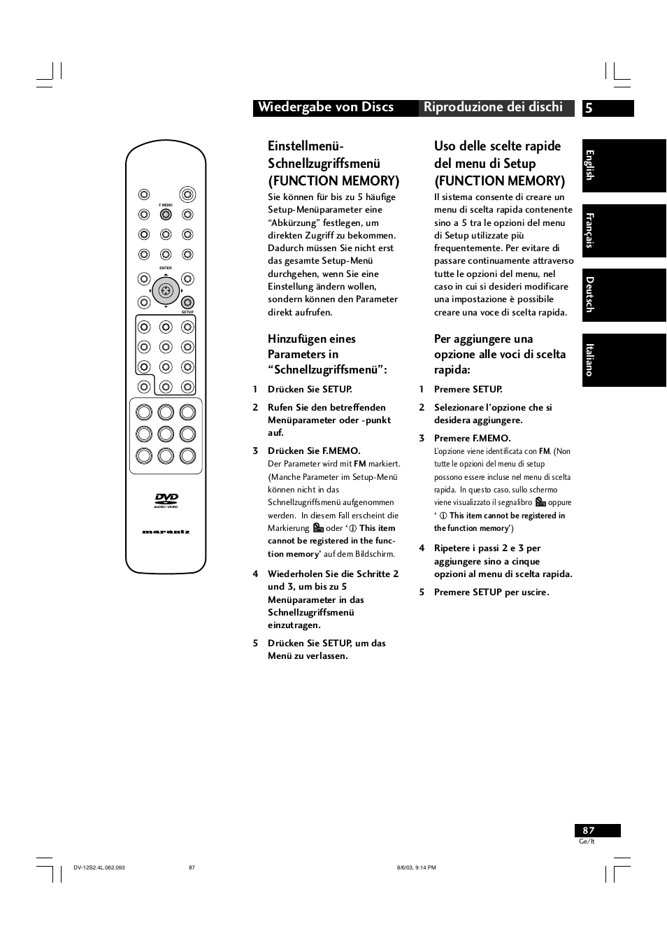 5wiedergabe von discs riproduzione dei dischi | Marantz DV-12S2 User Manual | Page 87 / 188