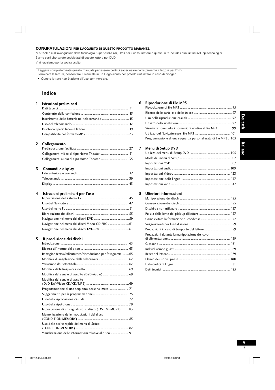 Indice | Marantz DV-12S2 User Manual | Page 9 / 188