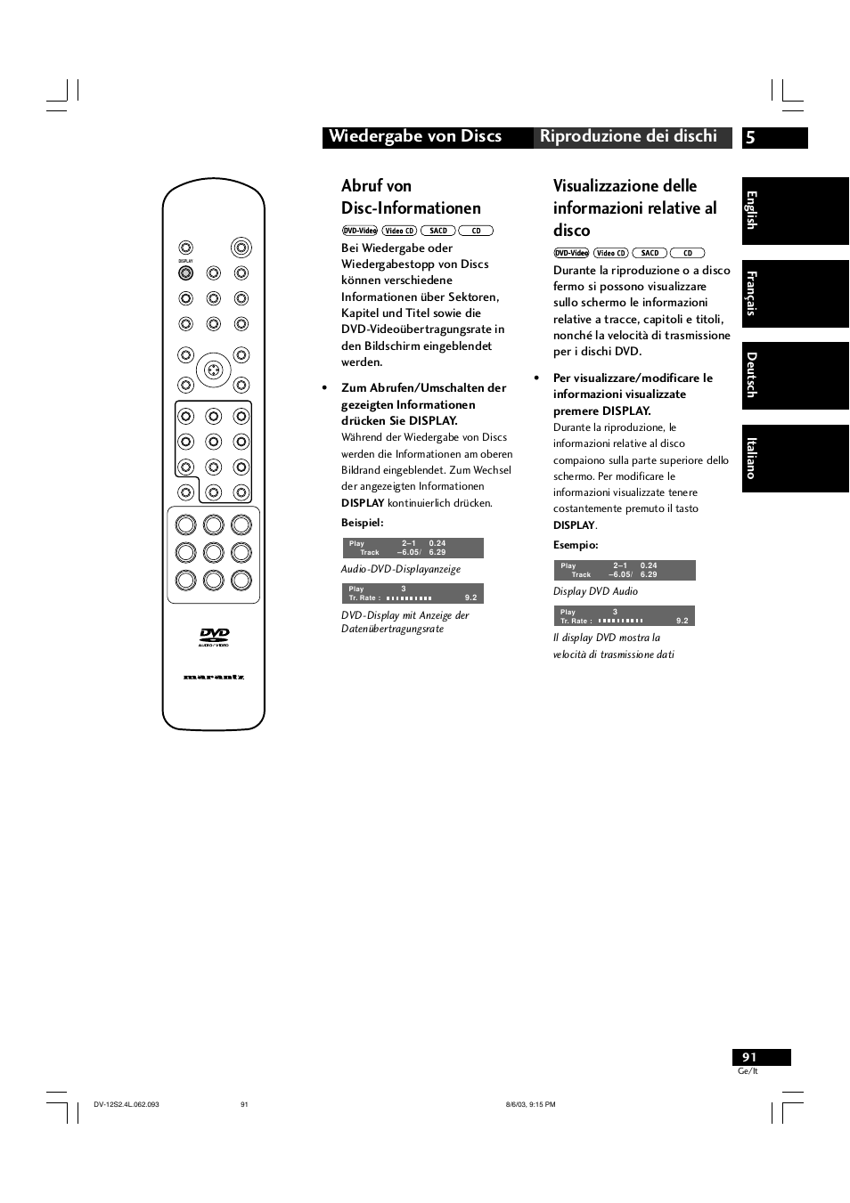 5wiedergabe von discs riproduzione dei dischi, Abruf von disc-informationen | Marantz DV-12S2 User Manual | Page 91 / 188