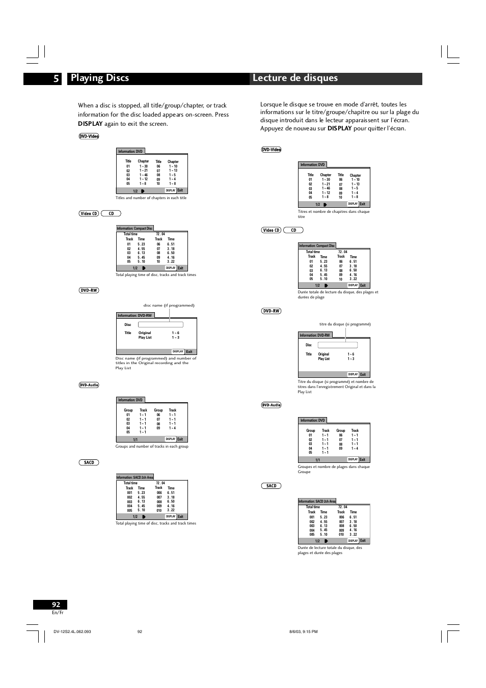 Playing discs 5 lecture de disques | Marantz DV-12S2 User Manual | Page 92 / 188