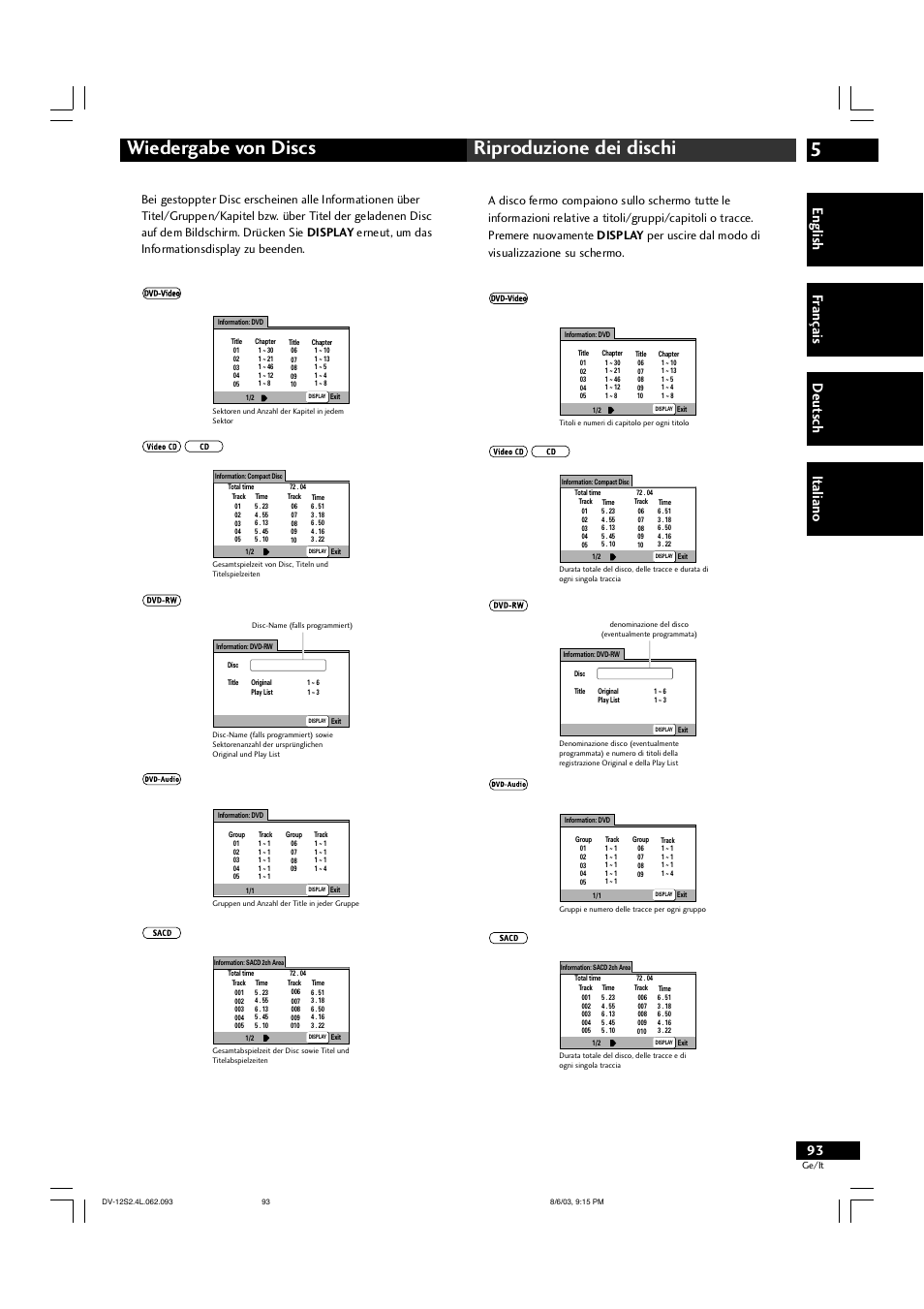 5wiedergabe von discs riproduzione dei dischi, English fr ançais deut sch it aliano | Marantz DV-12S2 User Manual | Page 93 / 188