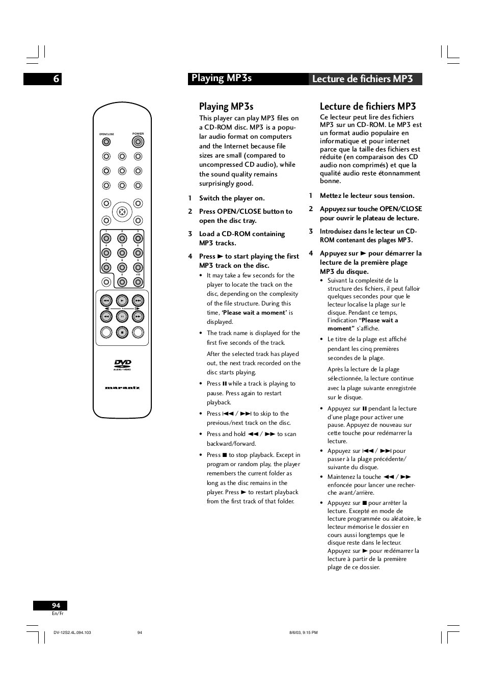 Playing mp3s 6 lecture de fichiers mp3, Playing mp3s, Lecture de fichiers mp3 | Marantz DV-12S2 User Manual | Page 94 / 188