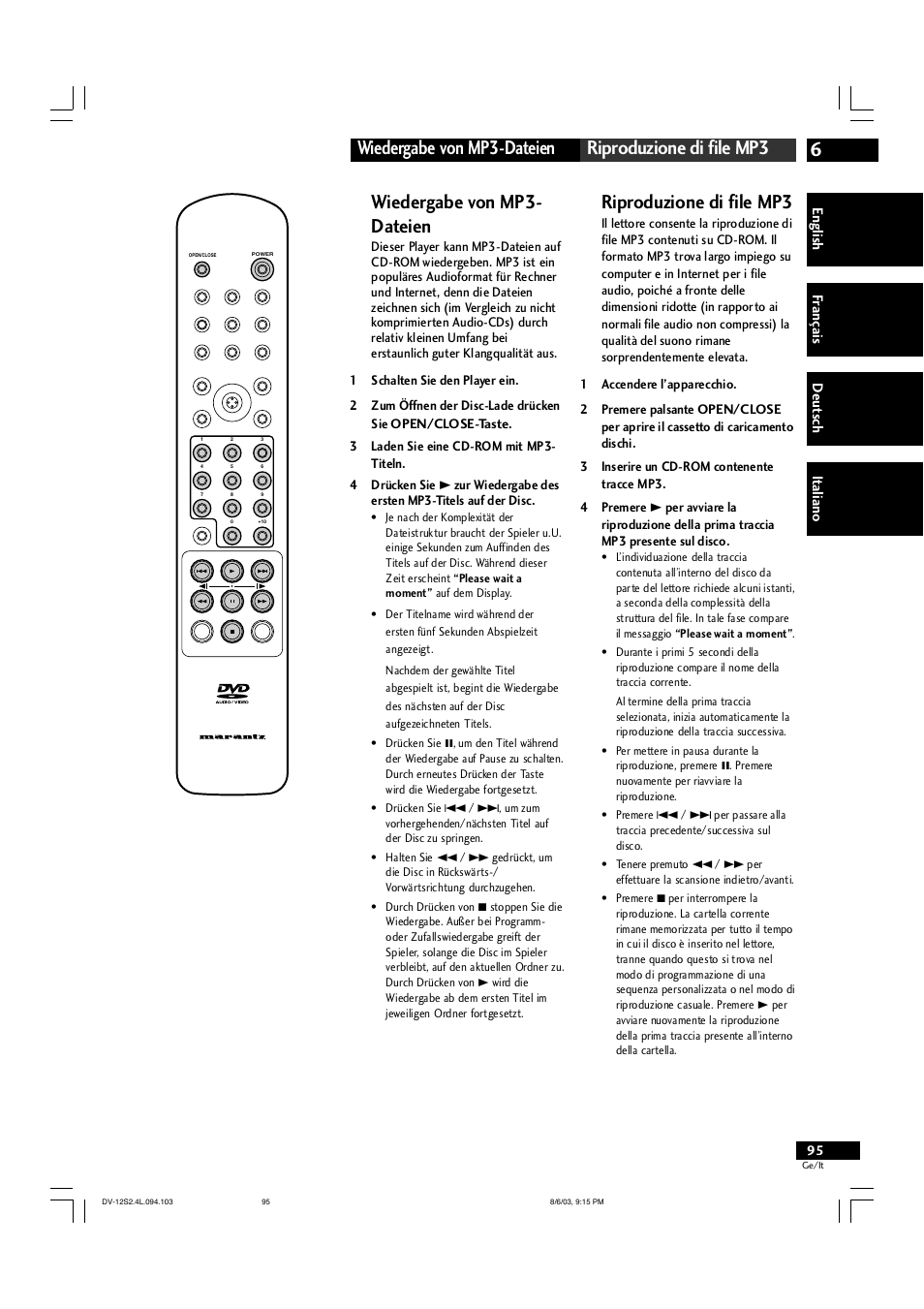 Wiedergabe von mp3- dateien, Riproduzione di file mp3 | Marantz DV-12S2 User Manual | Page 95 / 188