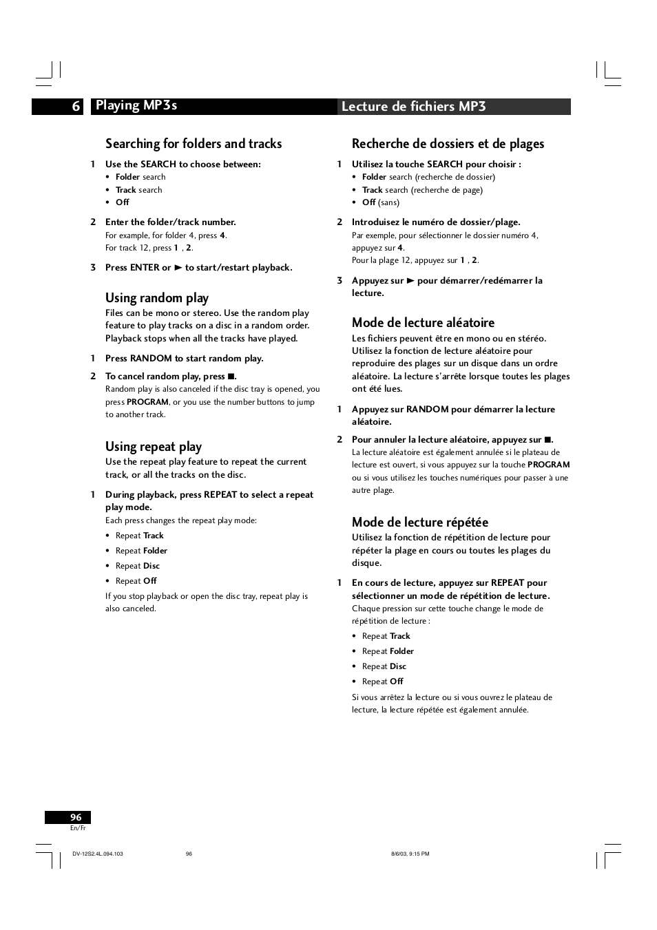 Playing mp3s 6 lecture de fichiers mp3, Searching for folders and tracks, Using random play | Using repeat play, Recherche de dossiers et de plages, Mode de lecture aléatoire, Mode de lecture répétée | Marantz DV-12S2 User Manual | Page 96 / 188