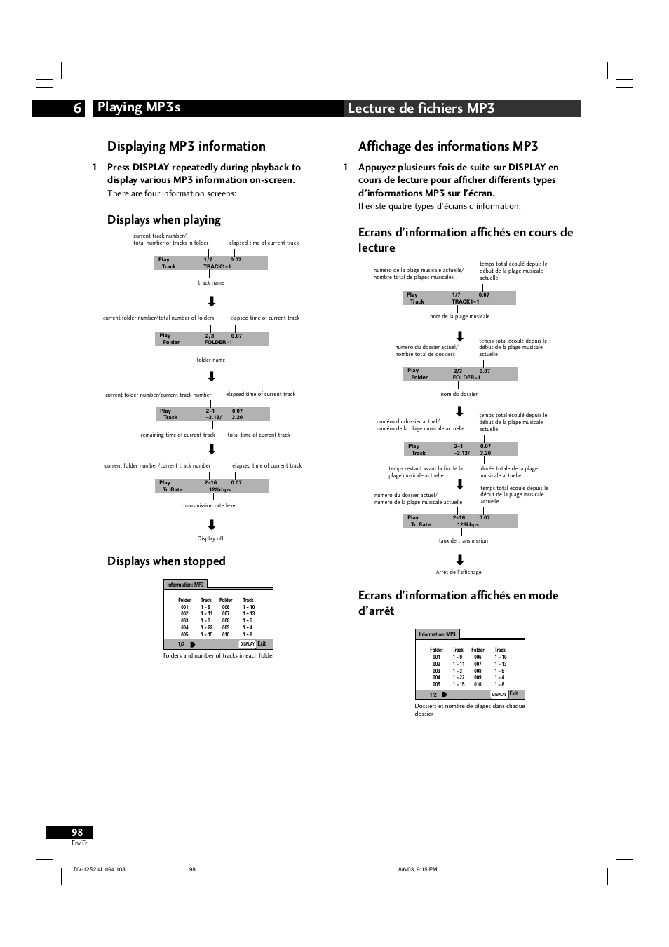 Playing mp3s 6 lecture de fichiers mp3, Displaying mp3 information, Affichage des informations mp3 | Displays when playing displays when stopped, There are four information screens, Il existe quatre types d’écrans d’information | Marantz DV-12S2 User Manual | Page 98 / 188