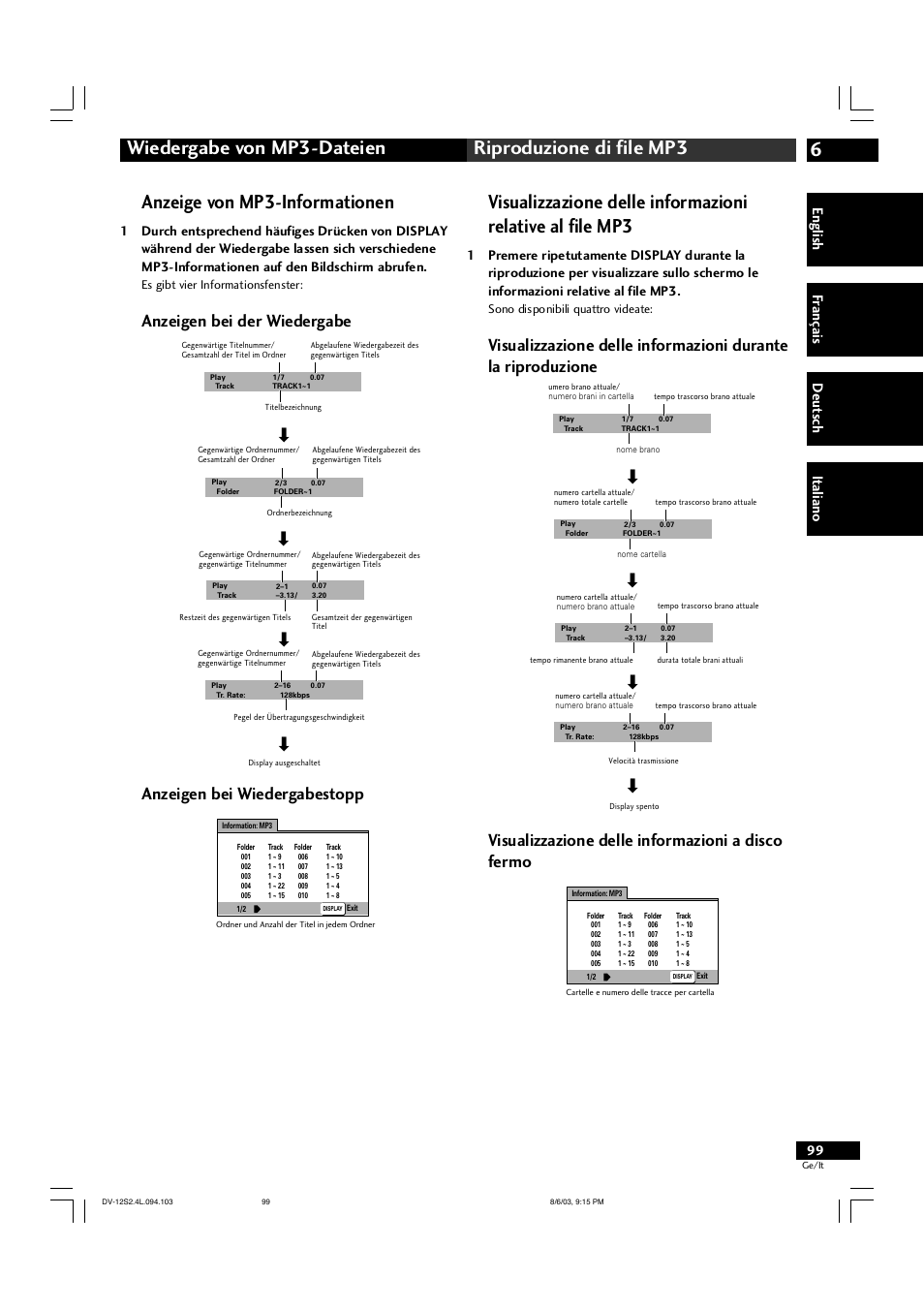 Anzeige von mp3-informationen, Anzeigen bei der wiedergabe, Visualizzazione delle informazioni a disco fermo | English fr ançais deut sch it aliano | Marantz DV-12S2 User Manual | Page 99 / 188