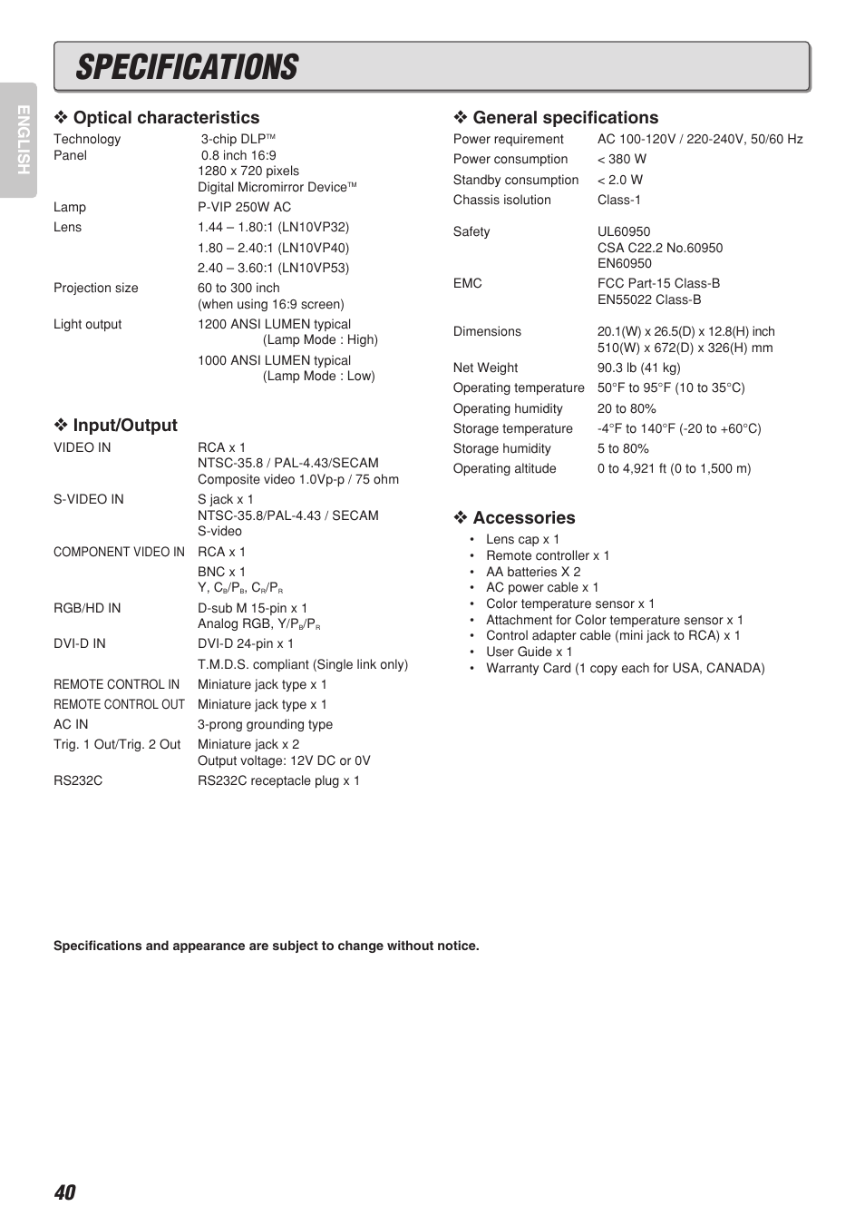 Specifications, Optical characteristics, Input/output | General specifications, Accessories | Marantz VP-10S1 User Manual | Page 44 / 49
