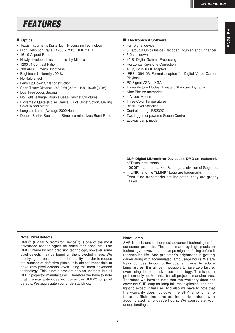 Features | Marantz VP-12S1N User Manual | Page 5 / 31