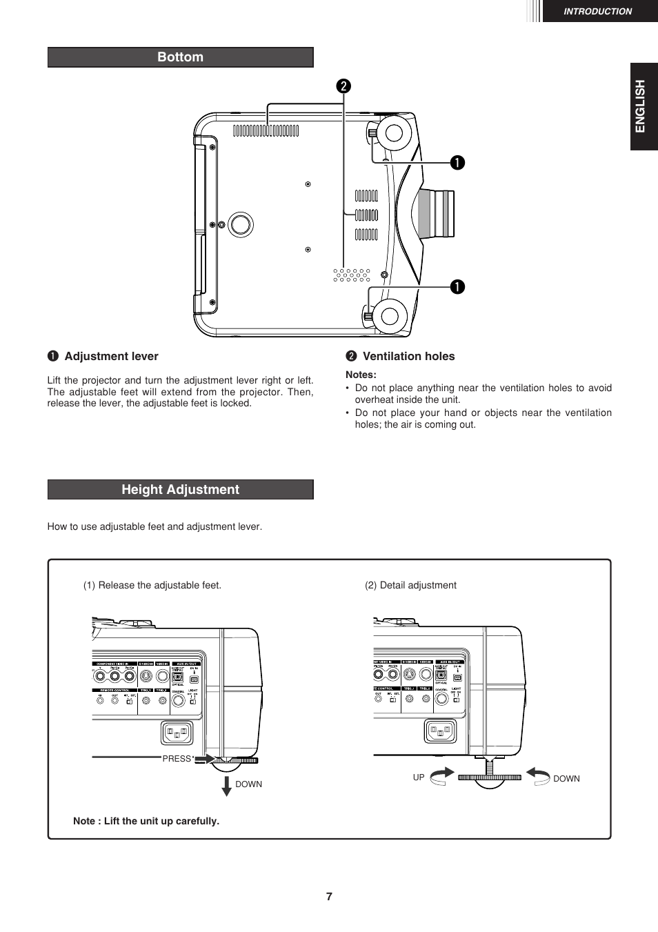 Height adjustment, Bottom | Marantz VP-12S1N User Manual | Page 9 / 31