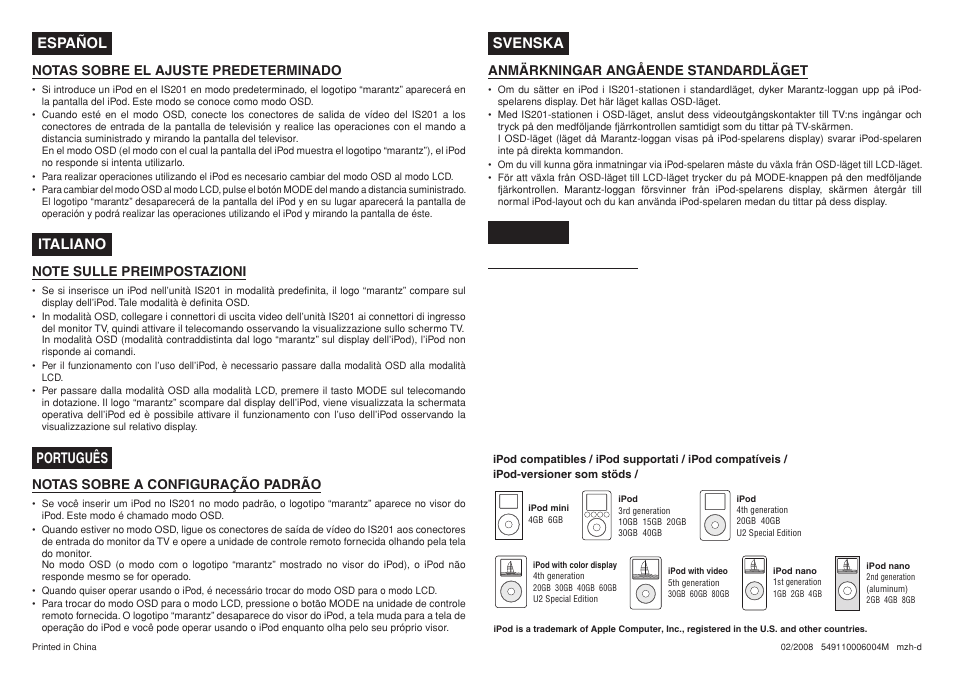 Español, Italiano, Português | Svenska | Marantz IS201 Addendum User Manual | Page 2 / 2