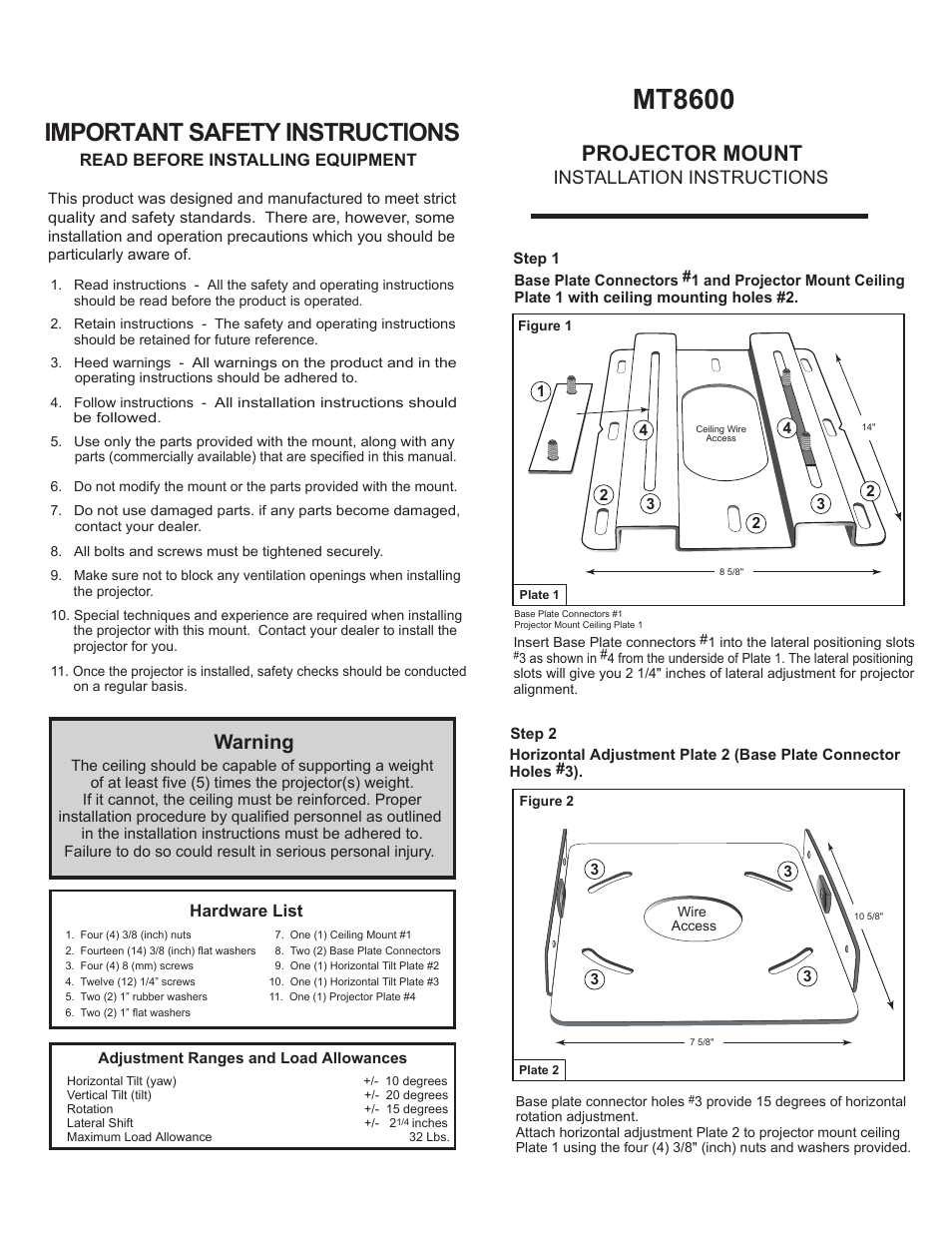 Mt8600, Important safety instructions, Projector mount | Warning, Installation instructions, Read before installing equipment, Hardware list | Marantz MT8600 User Manual | Page 3 / 7