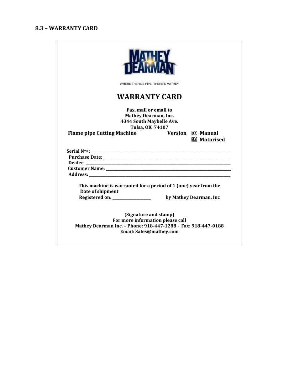Warranty card | Mathey Dearman Maxi Jolli Chain Machine User Manual | Page 16 / 23