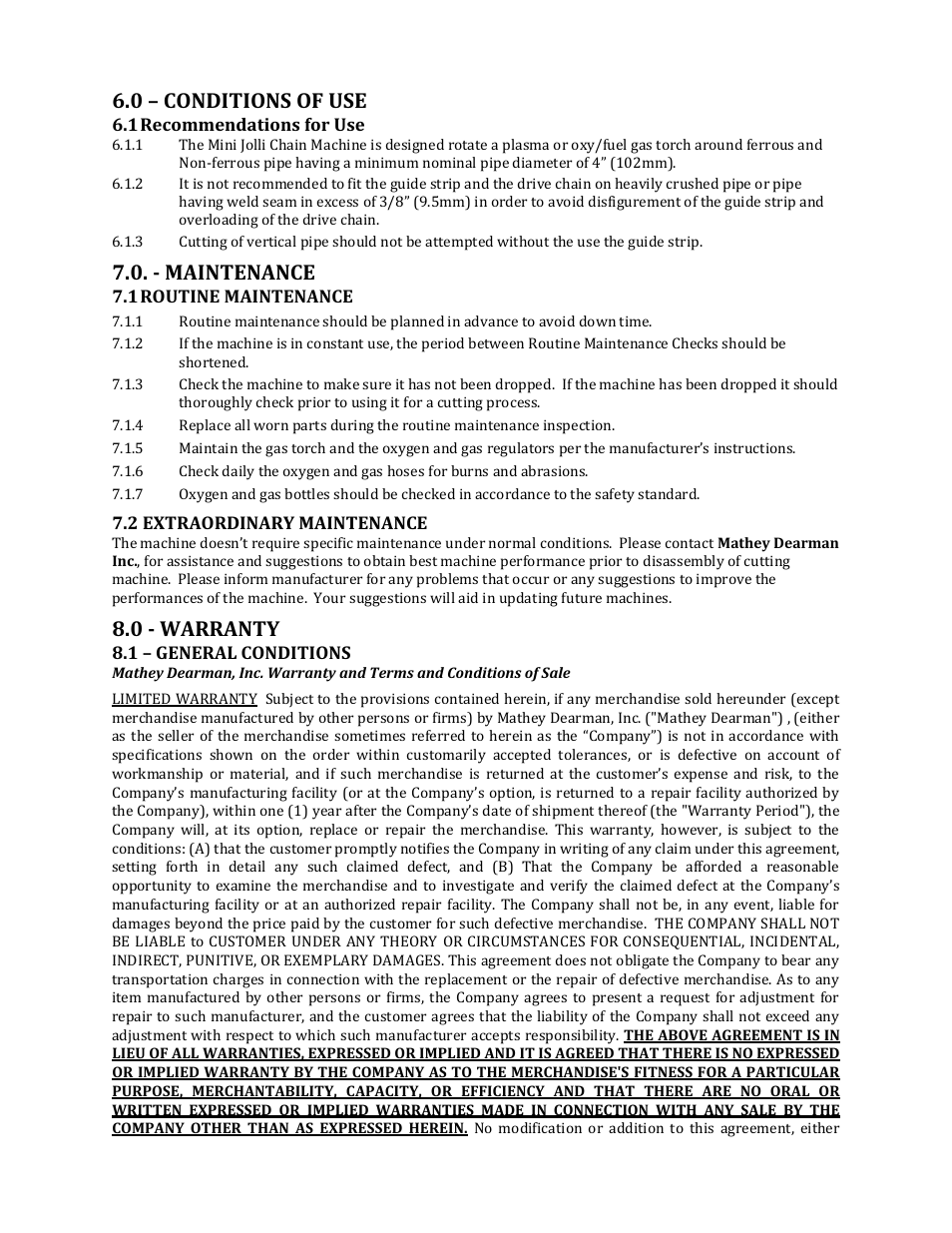 0 – conditions of use, - maintenance, 0 - warranty | Mathey Dearman Mini Jolli Chain Machine User Manual | Page 13 / 20