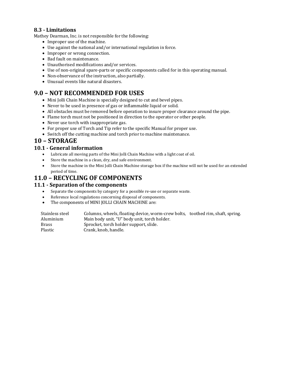 0 – not recommended for uses, 10 – storage, 0 – recycling of components | Mathey Dearman Mini Jolli Chain Machine User Manual | Page 15 / 20