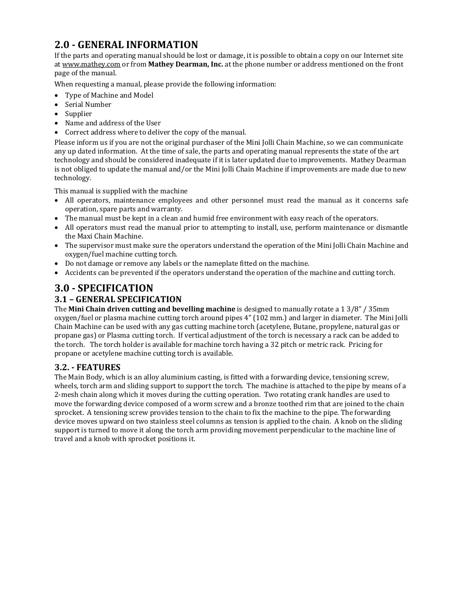 0 - general information, 0 - specification | Mathey Dearman Mini Jolli Chain Machine User Manual | Page 4 / 20