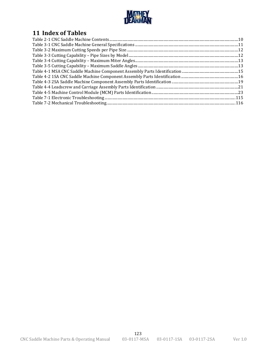 11 index of tables | Mathey Dearman CNC Saddle Machine User Manual | Page 123 / 124