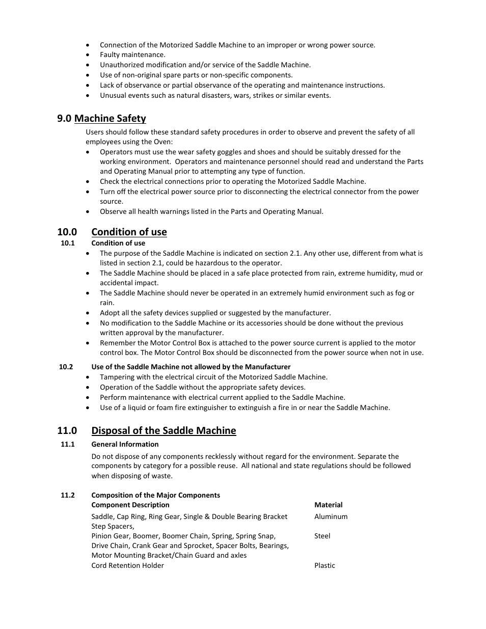 0 machine safety, 0 condition of use, 0 disposal of the saddle machine | Mathey Dearman 5SA Saddle Machine User Manual | Page 18 / 20