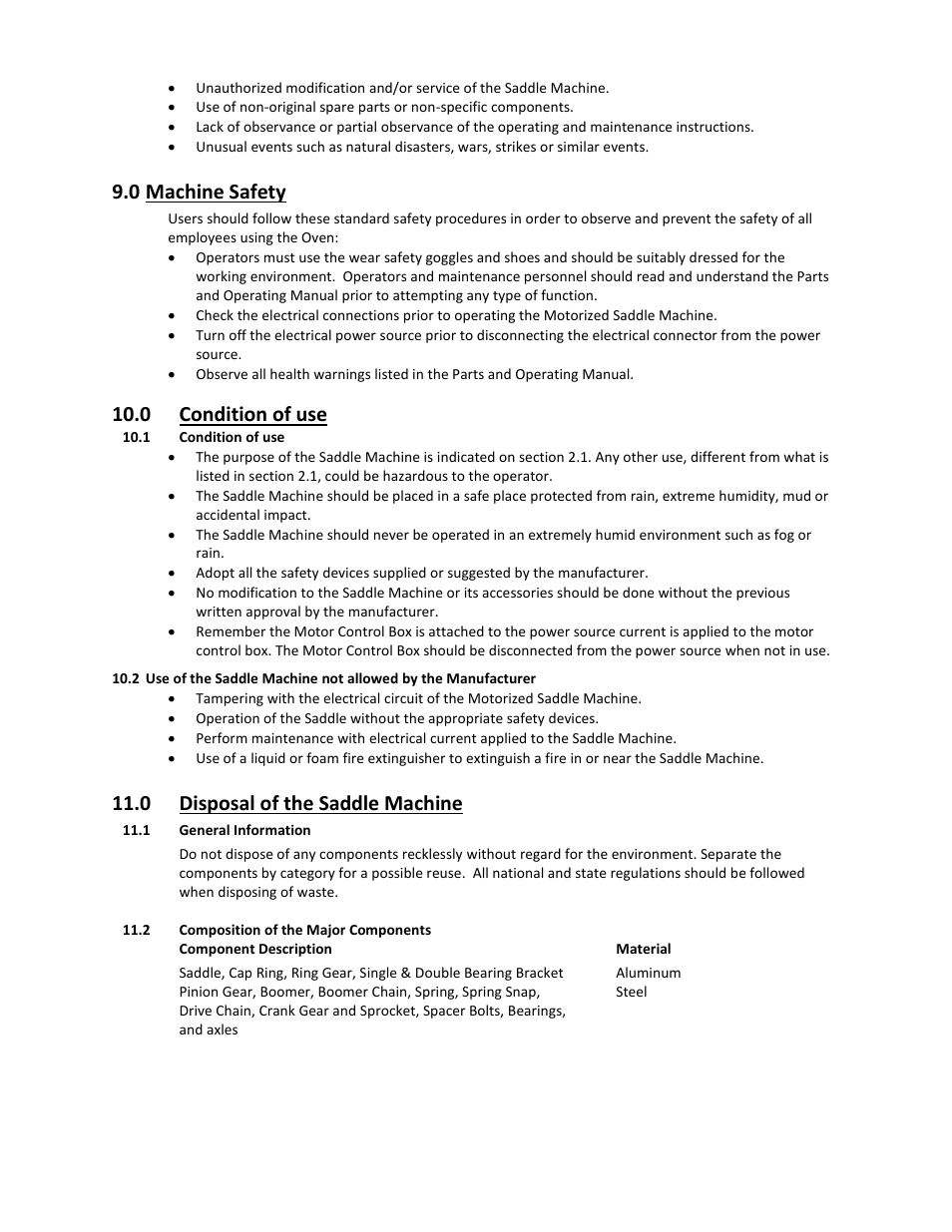 0 machine safety, 0 condition of use, 0 disposal of the saddle machine | Mathey Dearman 8SA Saddle Machine User Manual | Page 23 / 24