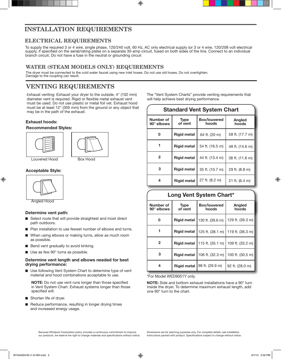 Venting requirements, Installation requirements, Standard vent system chart | Long vent system chart, Electrical requirements, Water (steam models only) requirements | Maytag WED9051YW Dimension Guide User Manual | Page 2 / 2