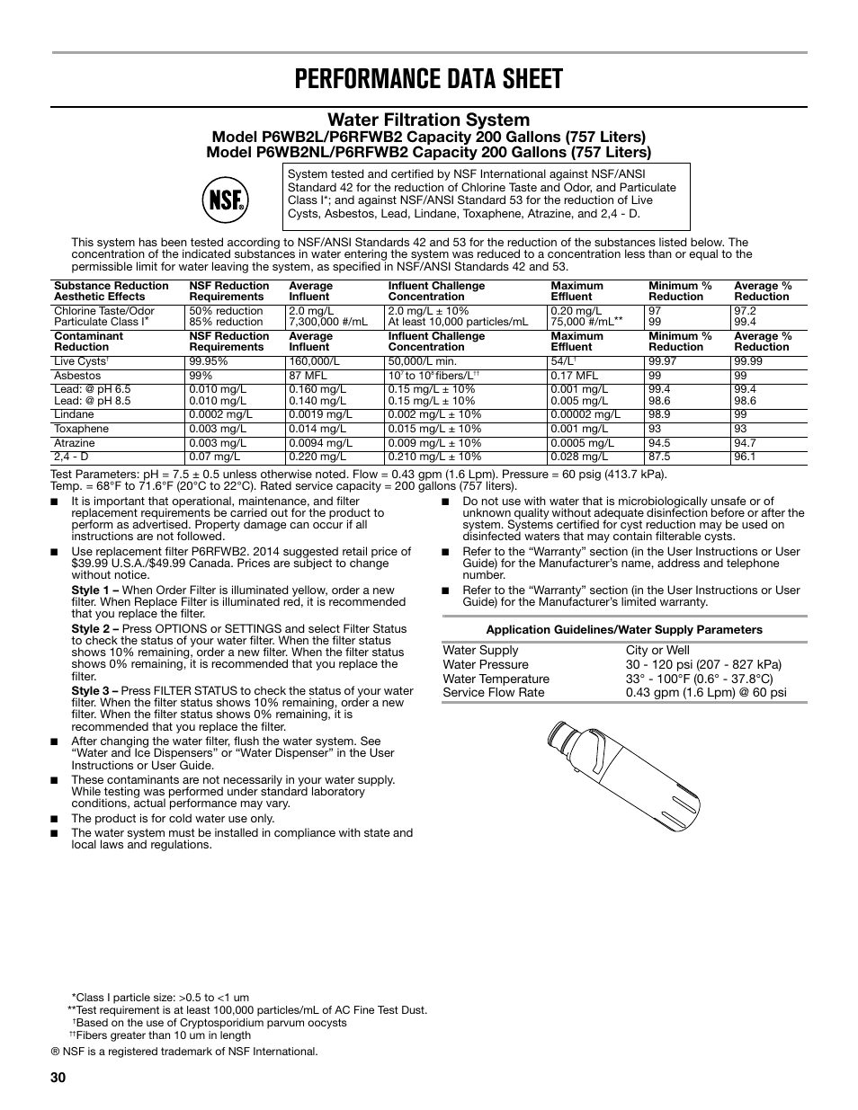 Performance data sheet, Water filtration system | Maytag MFX2876DRM User Manual | Page 30 / 100