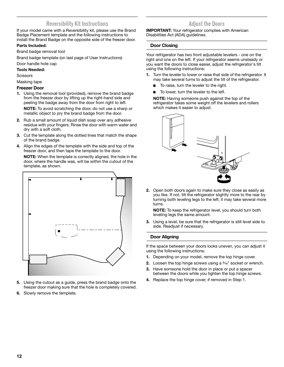 Reversibility kit instructions, Adjust the doors | Maytag MRT519SZDM User Manual | Page 12 / 68