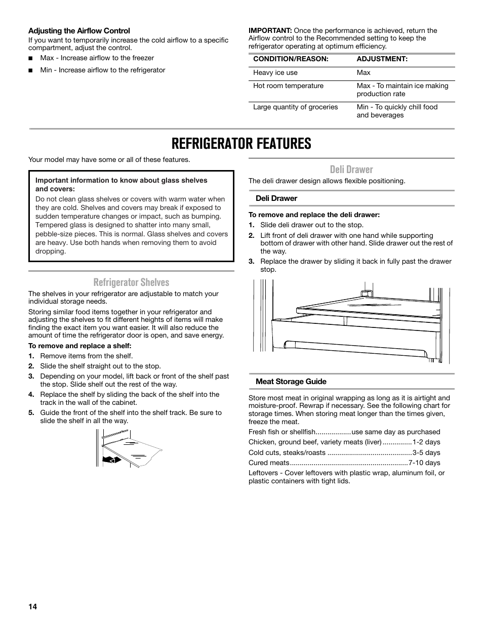 Refrigerator features, Refrigerator shelves, Deli drawer | Maytag MRT519SZDM User Manual | Page 14 / 68