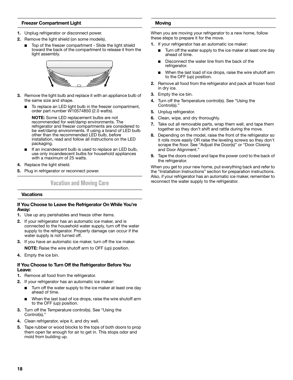 Vacation and moving care | Maytag MRT519SZDM User Manual | Page 18 / 68