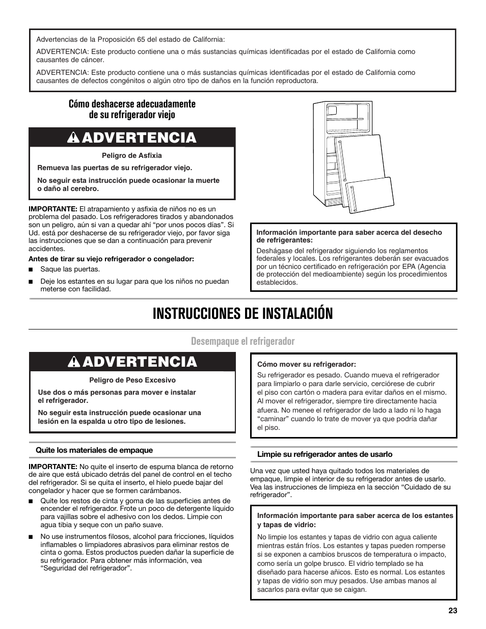 Instrucciones de instalación, Advertencia, Desempaque el refrigerador | Maytag MRT519SZDM User Manual | Page 23 / 68
