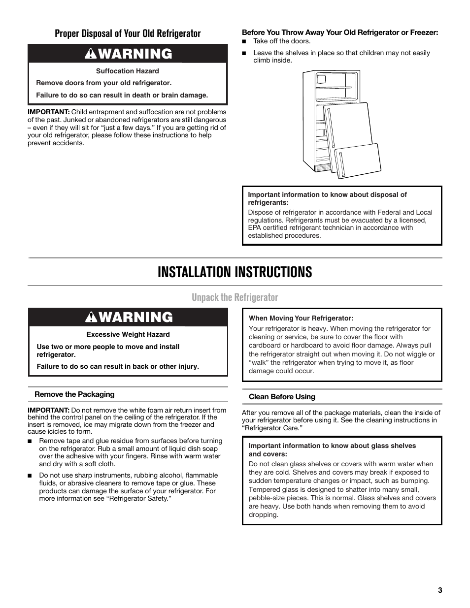 Installation instructions, Warning, Unpack the refrigerator | Proper disposal of your old refrigerator | Maytag MRT519SZDM User Manual | Page 3 / 68
