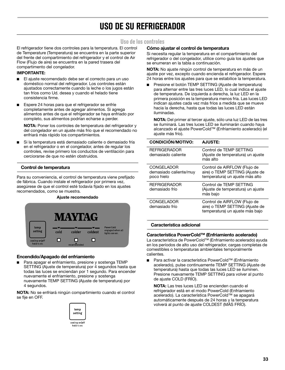 Uso de su refrigerador, Uso de los controles | Maytag MRT519SZDM User Manual | Page 33 / 68