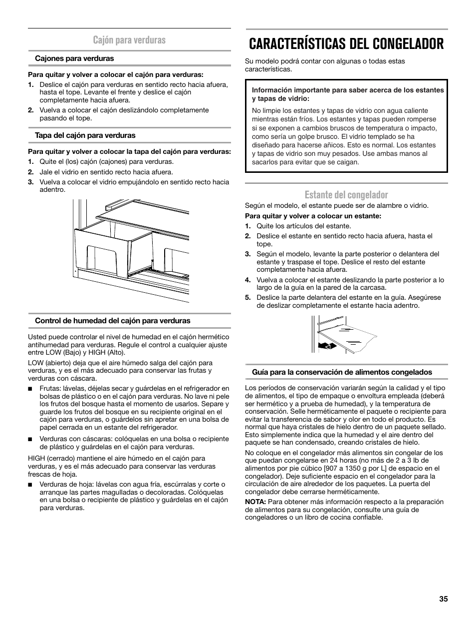 Características del congelador, Cajón para verduras, Estante del congelador | Maytag MRT519SZDM User Manual | Page 35 / 68