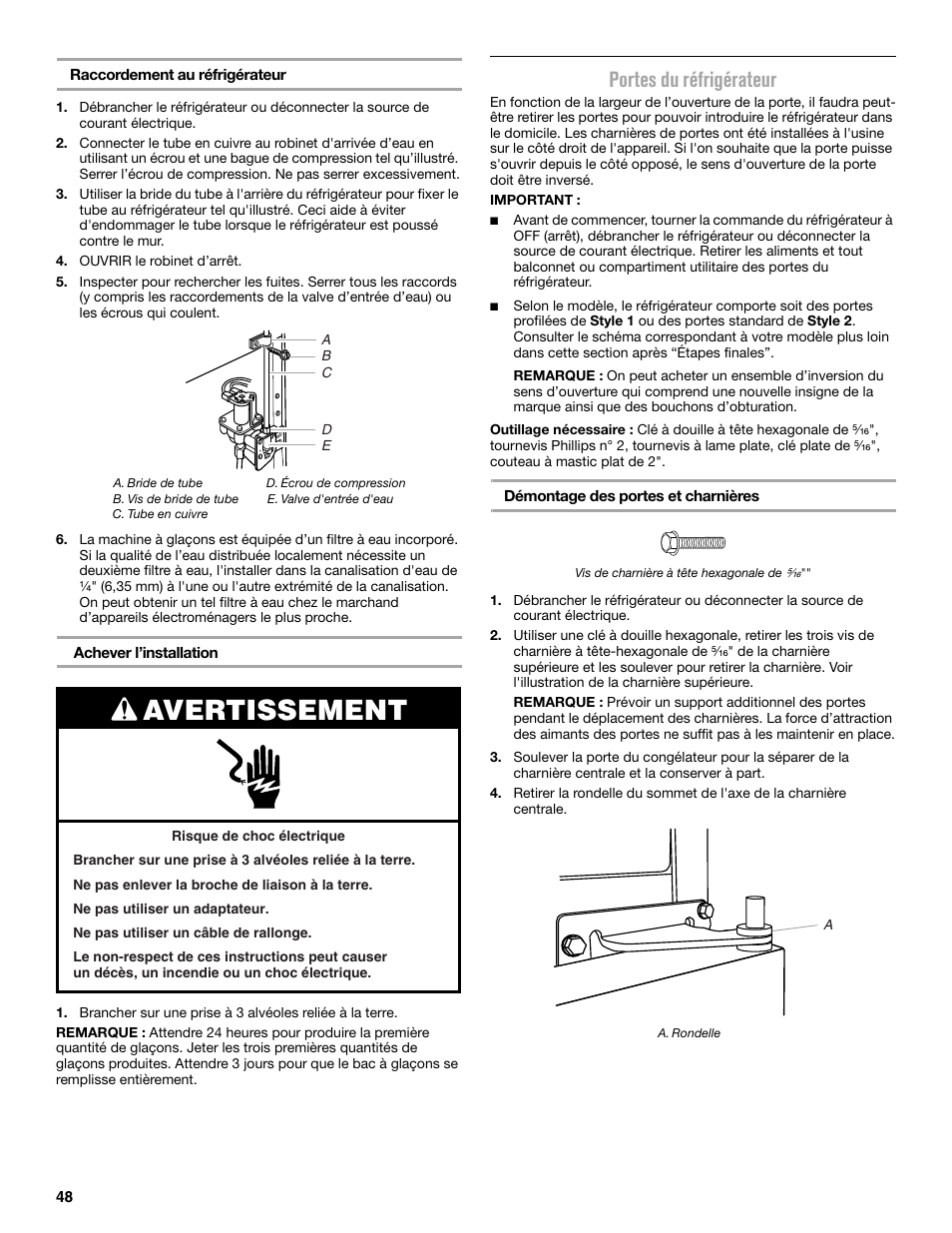 Avertissement, Portes du réfrigérateur | Maytag MRT519SZDM User Manual | Page 48 / 68