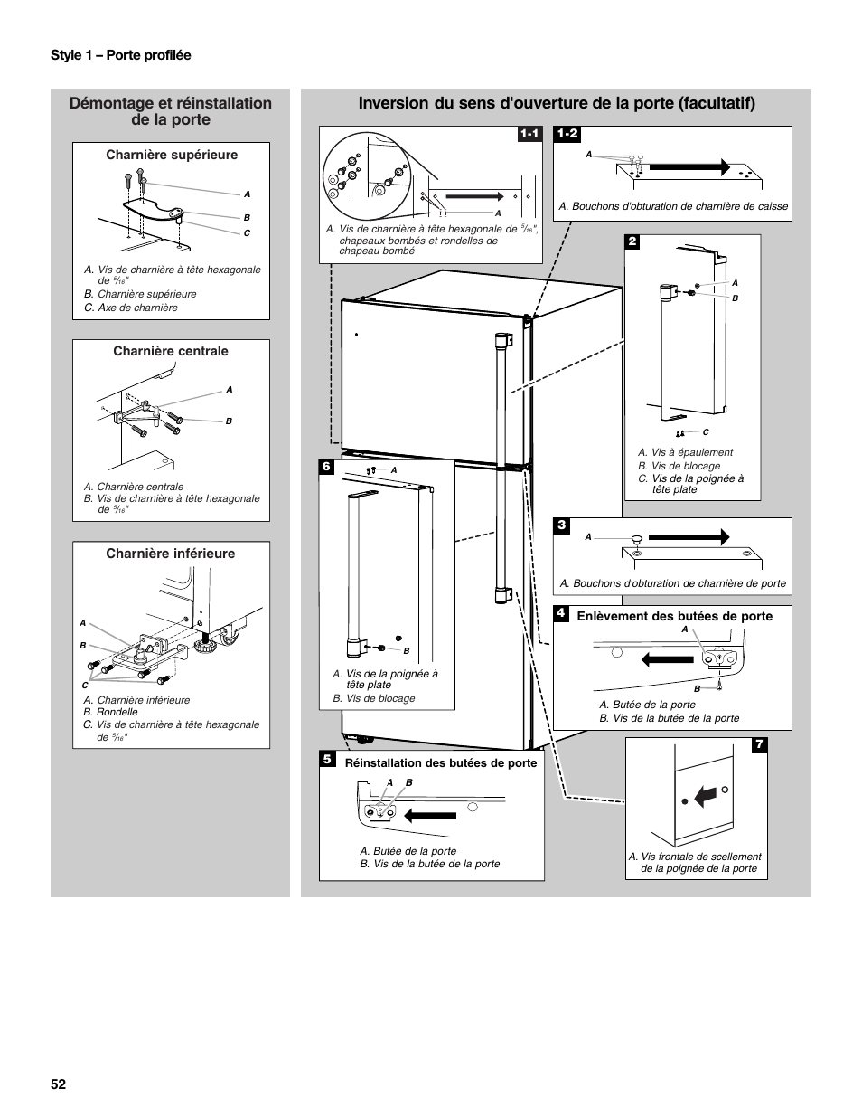 Démontage et réinstallation de la porte, 52 style 1 – porte profilée, Charnière inférieure | Maytag MRT519SZDM User Manual | Page 52 / 68