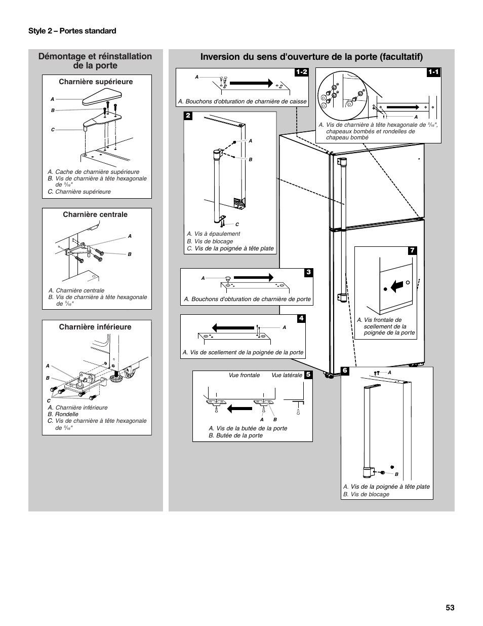 Démontage et réinstallation de la porte, 53 style 2 – portes standard, Charnière inférieure | Maytag MRT519SZDM User Manual | Page 53 / 68