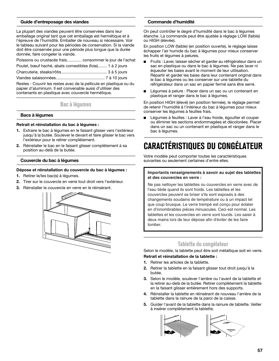 Caractéristiques du congélateur, Bac à légumes, Tablette du congélateur | Maytag MRT519SZDM User Manual | Page 57 / 68
