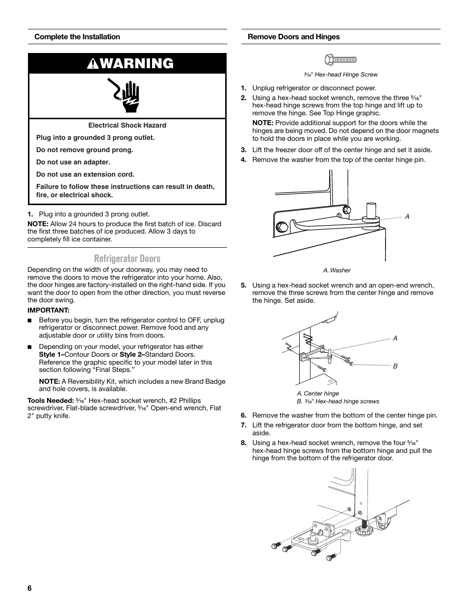 Warning, Refrigerator doors | Maytag MRT519SZDM User Manual | Page 6 / 68