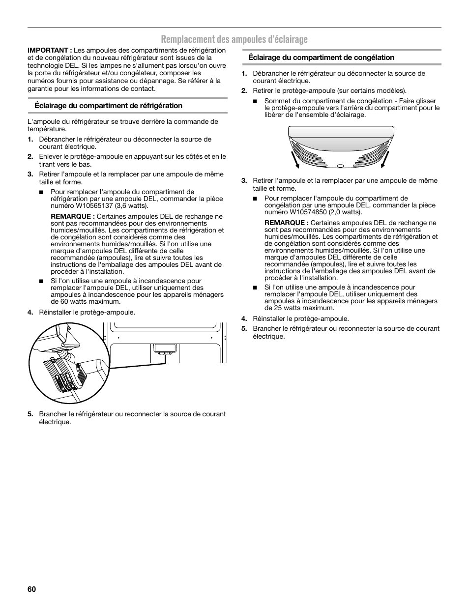 Remplacement des ampoules d’éclairage | Maytag MRT519SZDM User Manual | Page 60 / 68