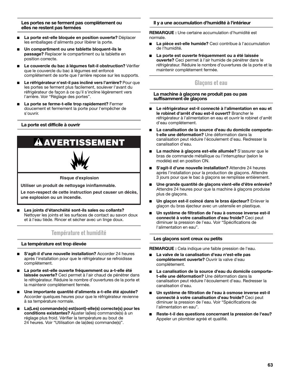 Avertissement, Température et humidité, Glaçons et eau | Maytag MRT519SZDM User Manual | Page 63 / 68