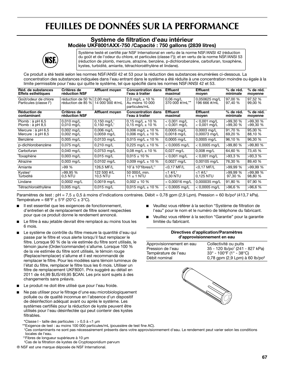 Feuilles de données sur la performance, Système de filtration d’eau intérieur | Maytag MFX2570AEM User Manual | Page 67 / 70