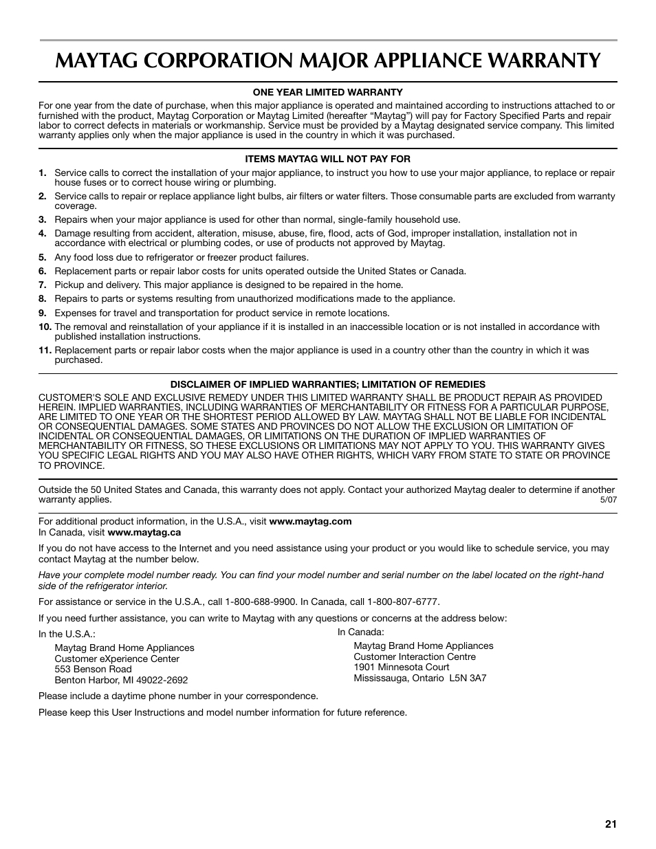 Maytag corporation major appliance warranty | Maytag MBF2562HEW User Manual | Page 21 / 66