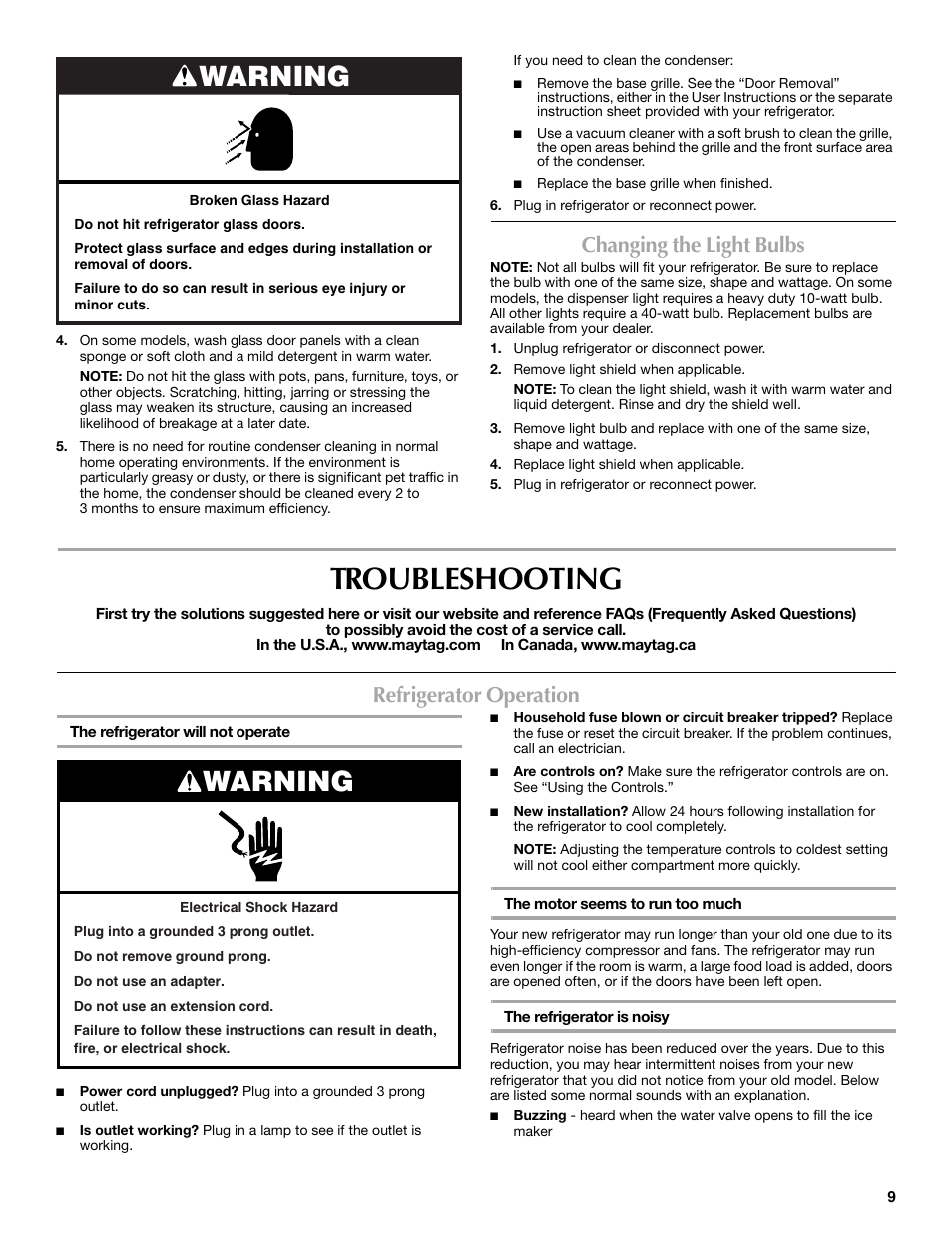 Troubleshooting, Warning, Changing the light bulbs | Refrigerator operation | Maytag MSF22C2EXW User Manual | Page 9 / 54