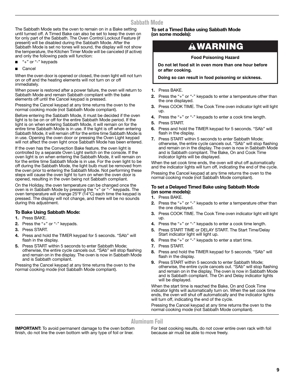 Sabbath mode, Aluminum foil, Warning | Maytag MER8650ES User Manual | Page 9 / 20