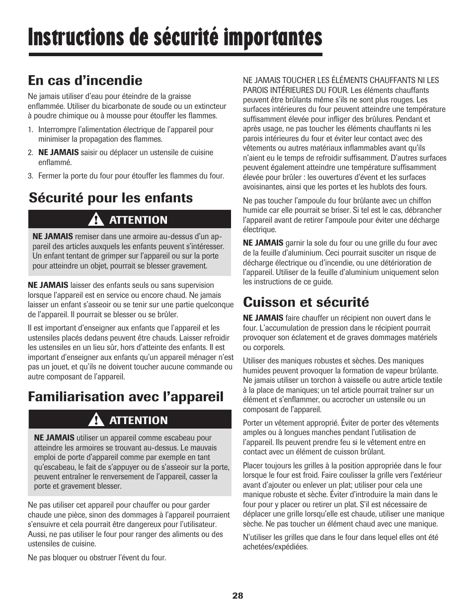 Instructions de sécurité importantes, Familiarisation avec l’appareil, Cuisson et sécurité | Sécurité pour les enfants en cas d’incendie | Maytag JW9633 User Manual | Page 29 / 80