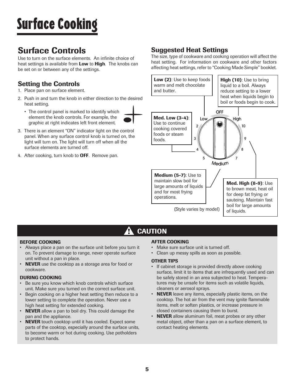 Surface cooking, Surface controls, Setting the controls | Caution suggested heat settings | Maytag JW9633 User Manual | Page 6 / 80
