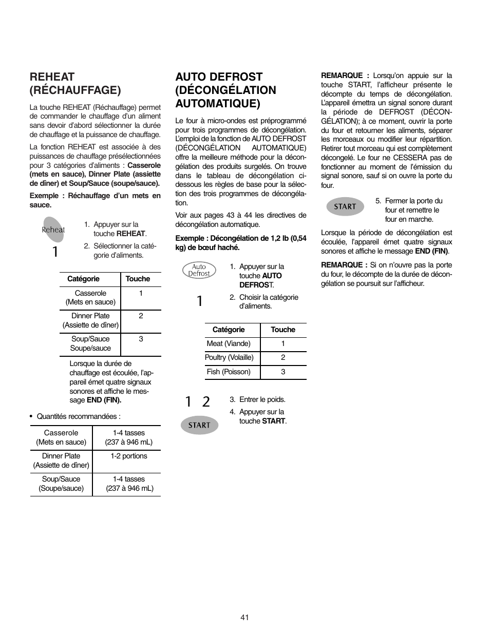 Reheat (réchauffage), Auto defrost (décongélation automatique) | Maytag MMV5156AAB User Manual | Page 41 / 84