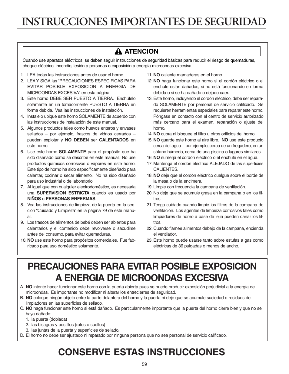 Instrucciones importantes de seguridad, Conserve estas instrucciones, Atencion | Maytag MMV5156AAB User Manual | Page 59 / 84