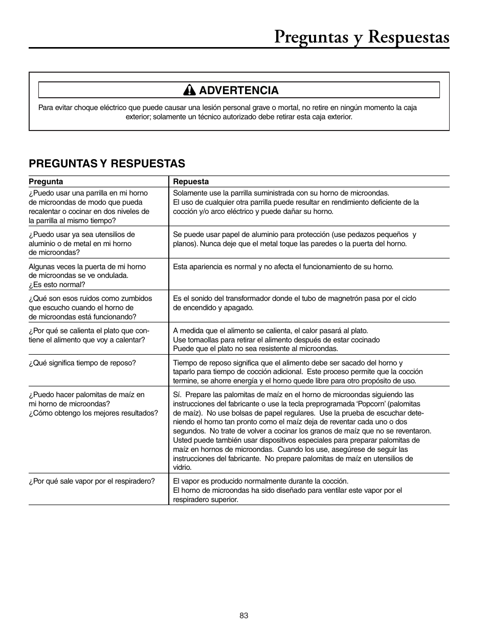Advertencia, Preguntas y respuestas | Maytag MMV5156AAB User Manual | Page 83 / 84