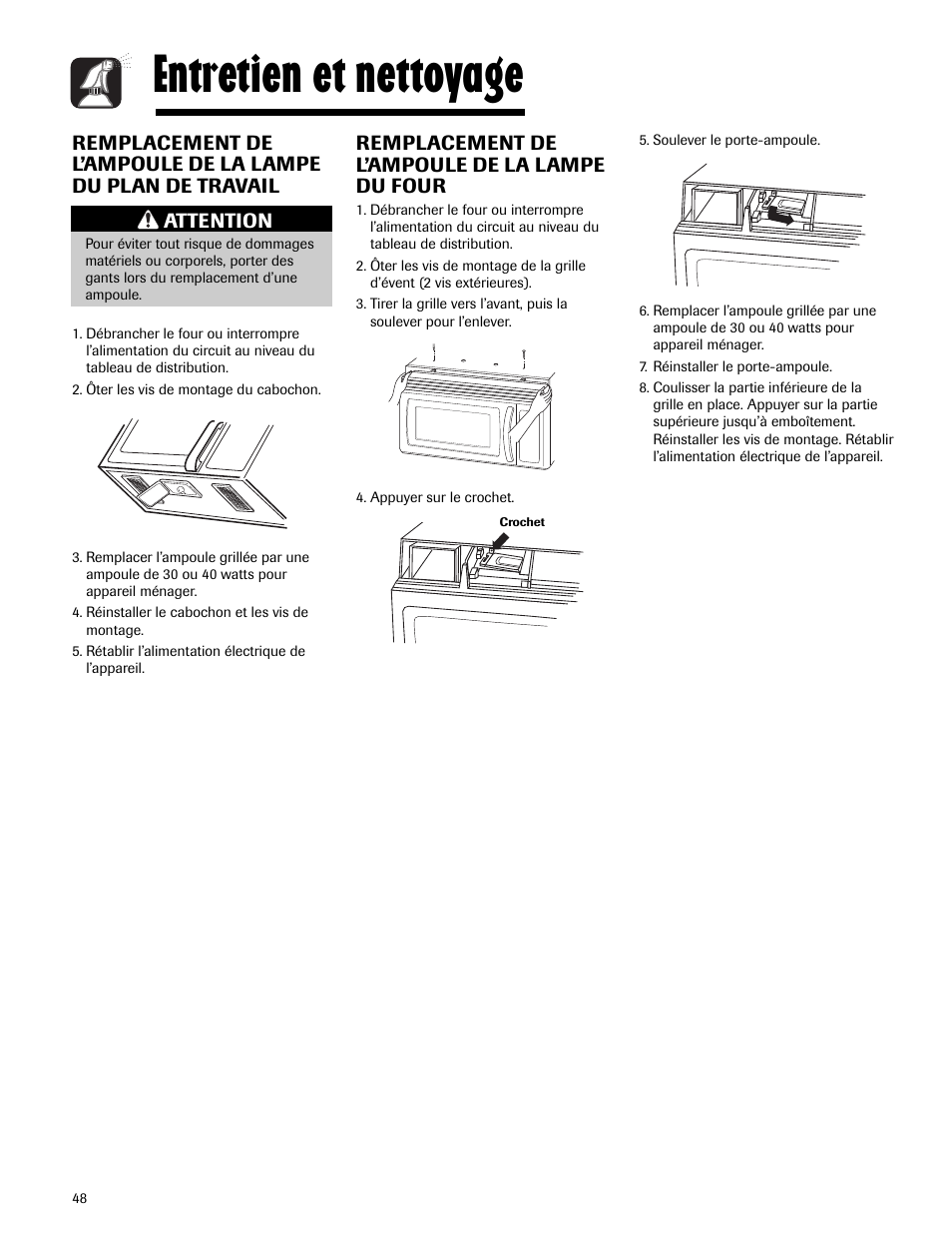 Entretien et nettoyage, Remplacement de l’ampoule de la lampe du four, Attention | Maytag MMV5165AAS User Manual | Page 48 / 80