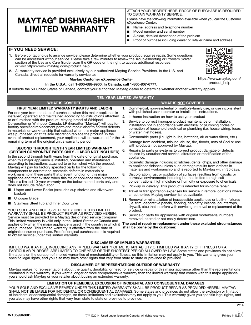 Maytag, Dishwasher limited warranty | Maytag MDB8969SDM User Manual | Page 12 / 42