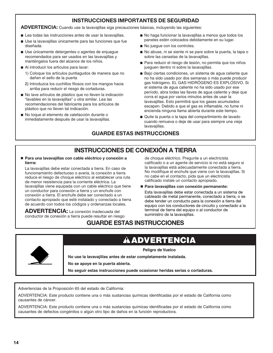 Advertencia, Instrucciones importantes de seguridad, Guarde estas instrucciones | Maytag MDB8969SDM User Manual | Page 14 / 42